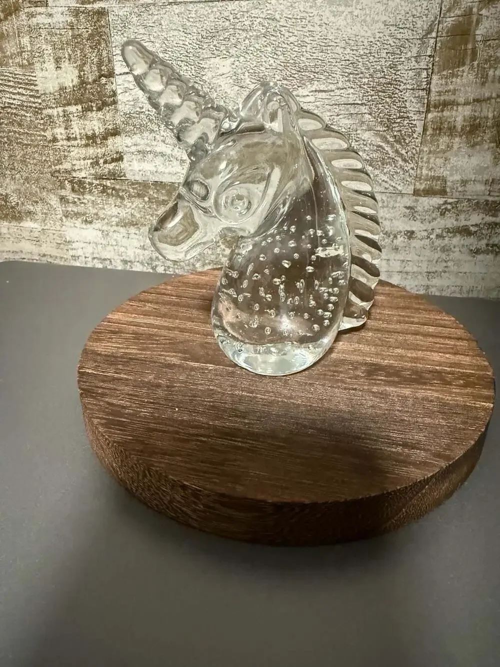 Vintage Clear Art Glass Unicorn Head Paperweight Figurine with Controlled Bubble